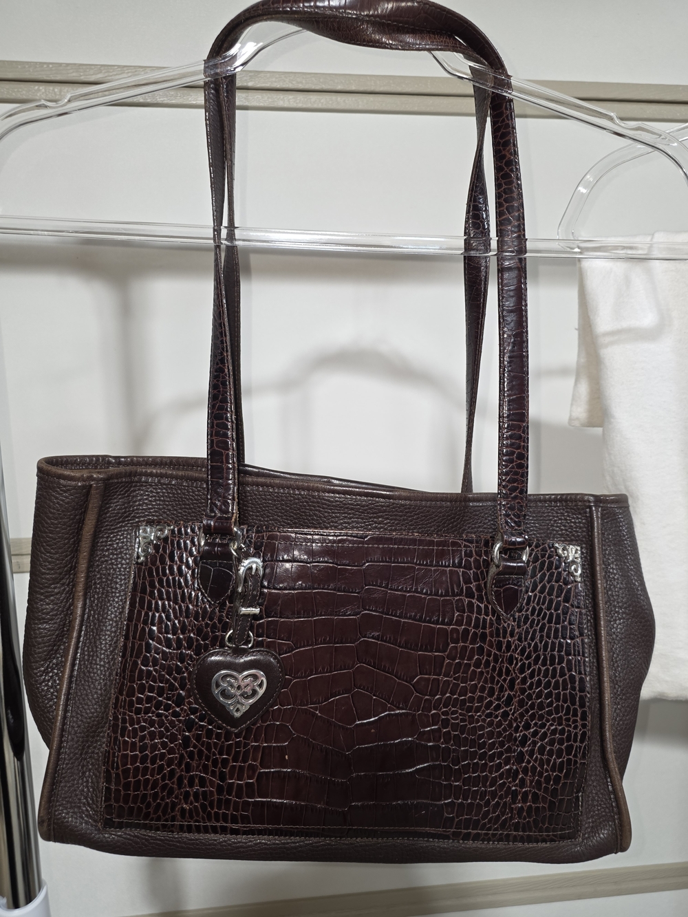 Coach Dark Brown Croc-Embossed Leather Shoulder Bag with Heart Charm